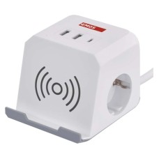 EMOS 2m hosszabbító kocka (16A max) + 2-es elosztó és USB töltő 3A (15W, 2x USB-A, 1x USB-C, Qi 10W) - fehér