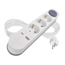 EMOS 2m hosszabbító (16A max) + 3-as elosztó kapcsolóval és USB töltő 3,4A (17W, 1x USB-A, 1x USB-C) - fehér, szürke